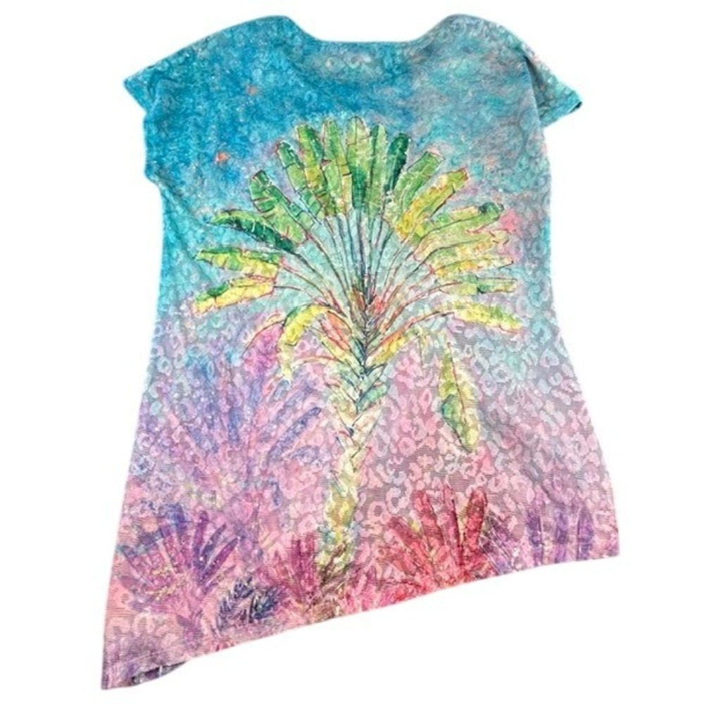 Leoma Lovegrove Women's Colorful Art Palm Tree Knotted Hem Blouse LG